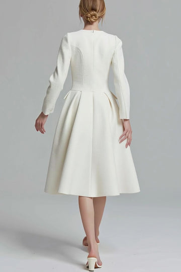 Ivory A-Line Round Neck Tweed Long Sleeve Work Dress